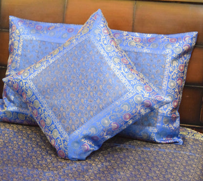 Blue Banarasi Bed, Cushion & Pillow Cover Set Indian Silk & Woven Zari Brocade