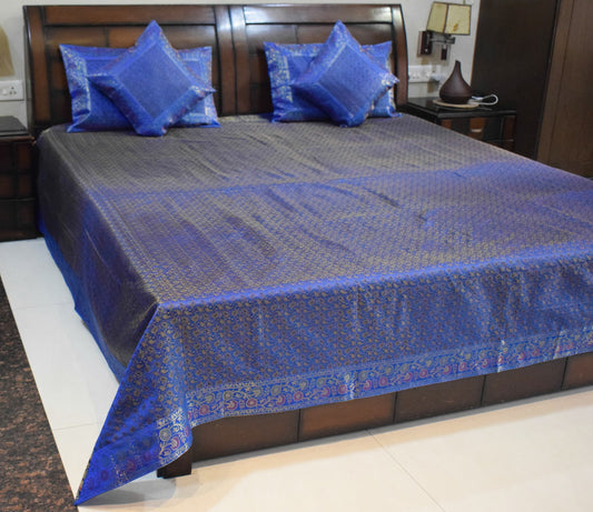 Blue Banarasi Bed, Cushion & Pillow Cover Set Indian Silk & Woven Zari Brocade