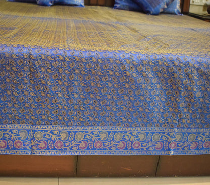 Blue Banarasi Bed, Cushion & Pillow Cover Set Indian Silk & Woven Zari Brocade