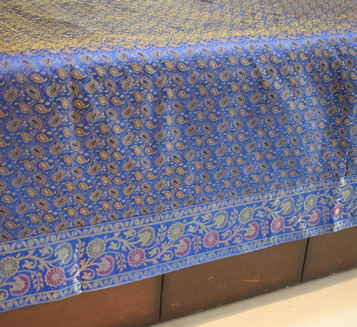 Blue Banarasi Bed, Cushion & Pillow Cover Set Indian Silk & Woven Zari Brocade