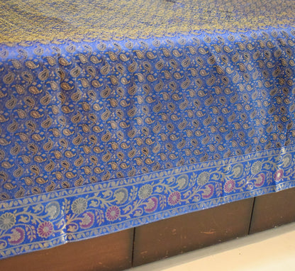 Blue Banarasi Bed, Cushion & Pillow Cover Set Indian Silk & Woven Zari Brocade