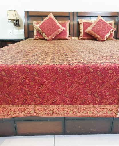 Banarasi Bed Cushion& Pillow Cover Set Art Silk Woven Brocade Maroon Indian Gift