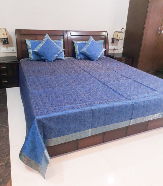 Banarasi Turquoise Blue Bed Cushion & Pillow Cover Set Silk Woven Zari Brocade