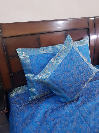Banarasi Turquoise Blue Bed Cushion & Pillow Cover Set Silk Woven Zari Brocade