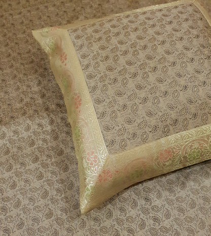 Banarasi Beige Bed Cushion & Pillow Cover Set Art Silk Woven Brocade Indian Gift