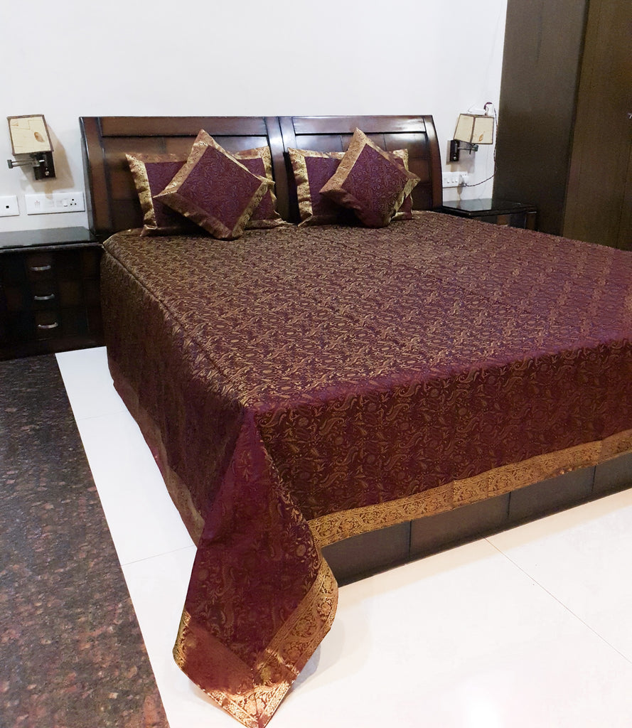 Banarasi Bed Cushion & Pillow Cover Set Wine Art Silk Woven Brocade Indian Gift