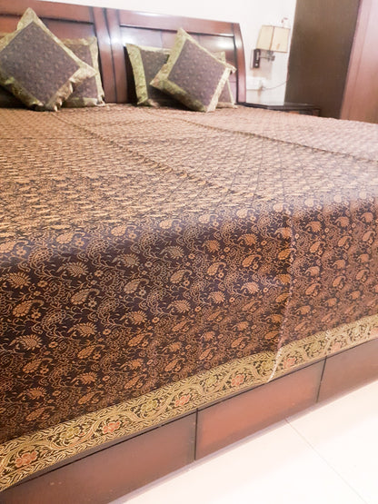 Banarasi Bed, Cushion & Pillow Cover Set Black Silk & Woven Zari Brocade Indian