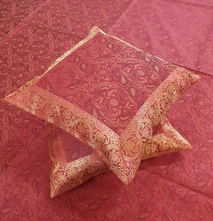 Banarasi Red Bed Cushion & Pillow Cover Set Art Silk Woven Brocade Indian Gift
