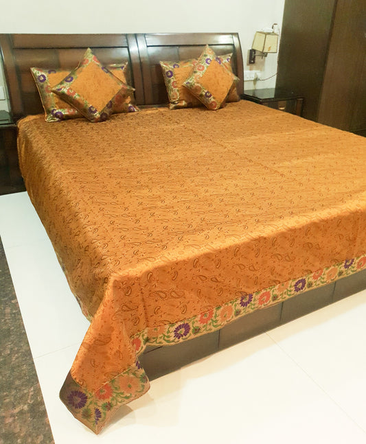 Banarasi Mustard Bed Cushion & Pillow Cover Set Silk Woven Brocade Indian Gift