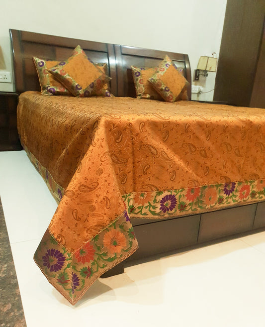 Banarasi Mustard Bed Cushion & Pillow Cover Set Silk Woven Brocade Indian Gift