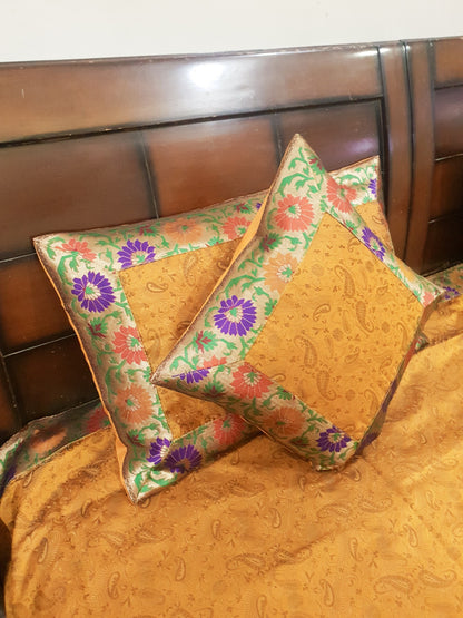 Banarasi Mustard Bed Cushion & Pillow Cover Set Silk Woven Brocade Indian Gift