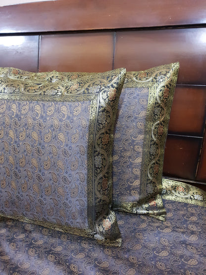 Gray Banarasi Bed Cushion & Pillow Cover Set Art Silk Woven Brocade Indian Gift
