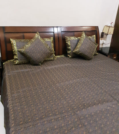 Gray Banarasi Bed Cushion & Pillow Cover Set Art Silk Woven Brocade Indian Gift