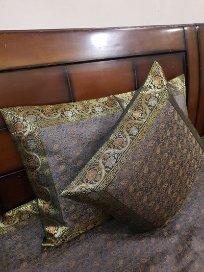 Gray Banarasi Bed Cushion & Pillow Cover Set Art Silk Woven Brocade Indian Gift