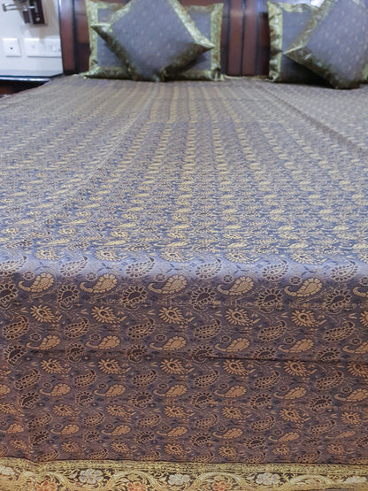 Gray Banarasi Bed Cushion & Pillow Cover Set Art Silk Woven Brocade Indian Gift