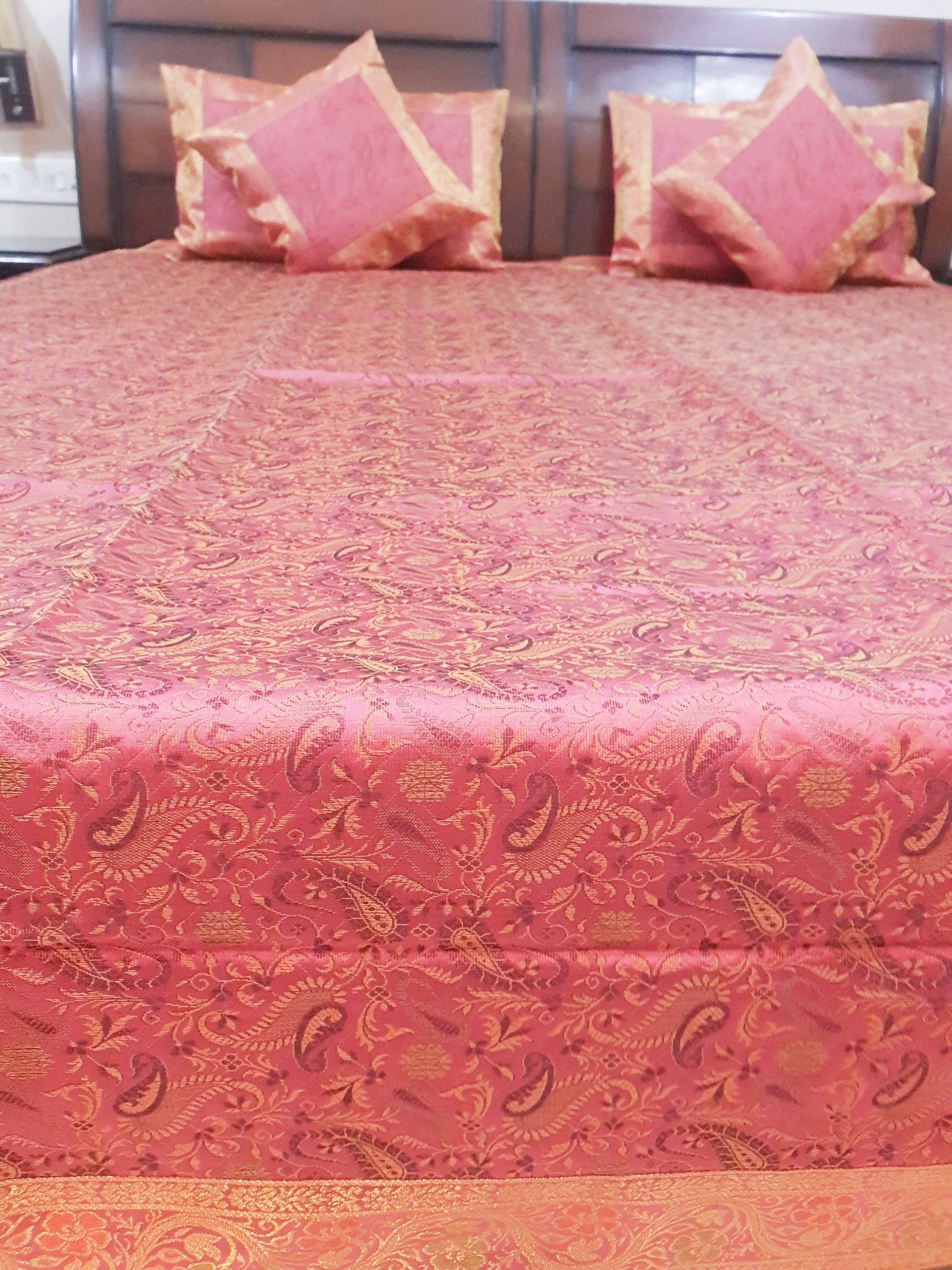 Banarasi Pink Bed Cushion & Pillow Cover Set Art Silk Woven Brocade Indian Gift