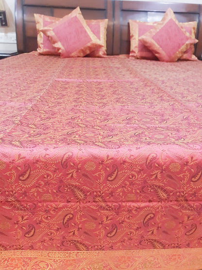 Banarasi Pink Bed Cushion & Pillow Cover Set Art Silk Woven Brocade Indian Gift