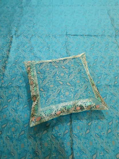 Banarasi Bed Cushion & Pillow Cover Silk & Woven Zari Brocade Teal Blue Set Gift