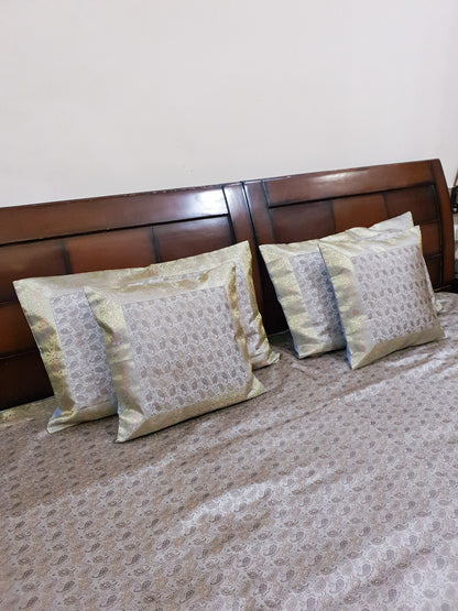 Banarasi Bed Cushion & Pillow Cover Set Gray Silk Woven Zari Brocade Indian Gift