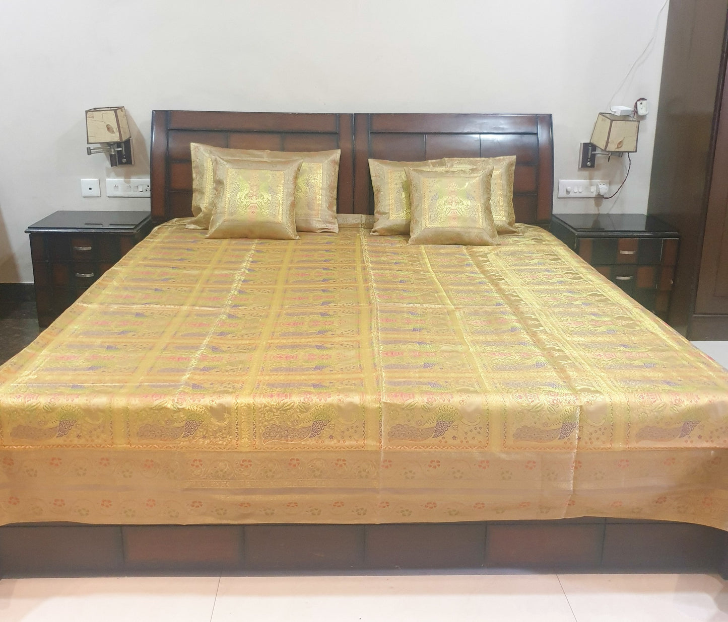 Banarasi Bed Cushion & Pillow Cover Beige Peacock Set Silk & Woven Brocade Gift