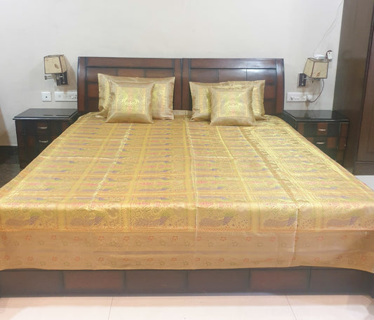 Banarasi Bed Cushion & Pillow Cover Beige Peacock Set Silk & Woven Brocade Gift