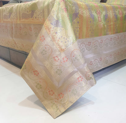 Banarasi Bed Cushion & Pillow Cover Beige Peacock Set Silk & Woven Brocade Gift