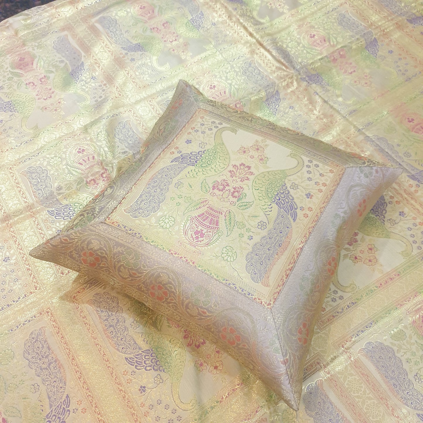Banarasi Bed Cushion & Pillow Cover Beige Peacock Set Silk & Woven Brocade Gift