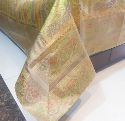 Banarasi Bed Cushion & Pillow Cover Beige Peacock Set Silk & Woven Brocade Gift