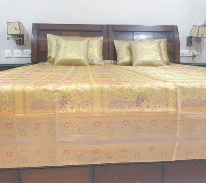 Banarasi Bed Cushion & Pillow Cover Beige Peacock Set Silk & Woven Brocade Gift