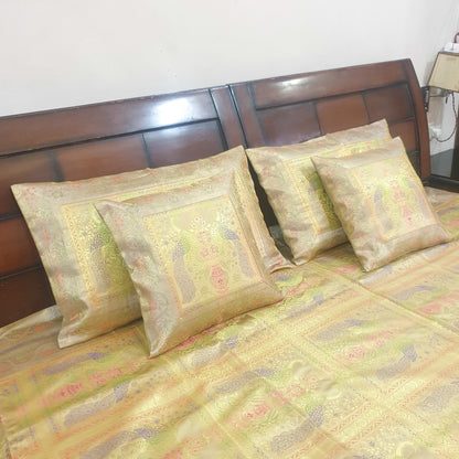 Banarasi Bed Cushion & Pillow Cover Beige Peacock Set Silk & Woven Brocade Gift