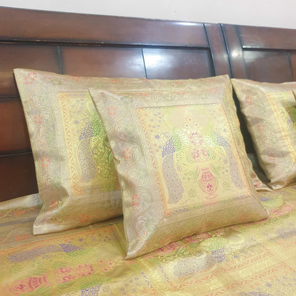 Banarasi Bed Cushion & Pillow Cover Beige Peacock Set Silk & Woven Brocade Gift