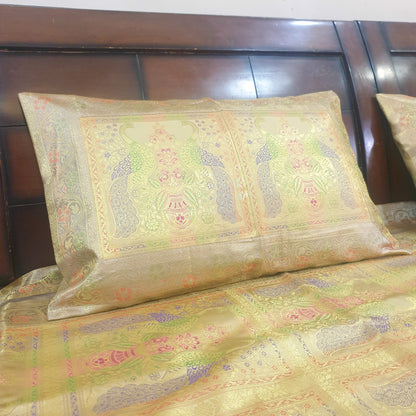 Banarasi Bed Cushion & Pillow Cover Beige Peacock Set Silk & Woven Brocade Gift
