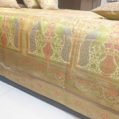 Banarasi Bed Cushion & Pillow Cover Beige Peacock Set Silk & Woven Brocade Gift
