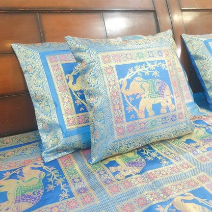 Banarasi Bed Cushion & Pillow Cover Set Elephant Turq. Blue Woven Brocade Gift
