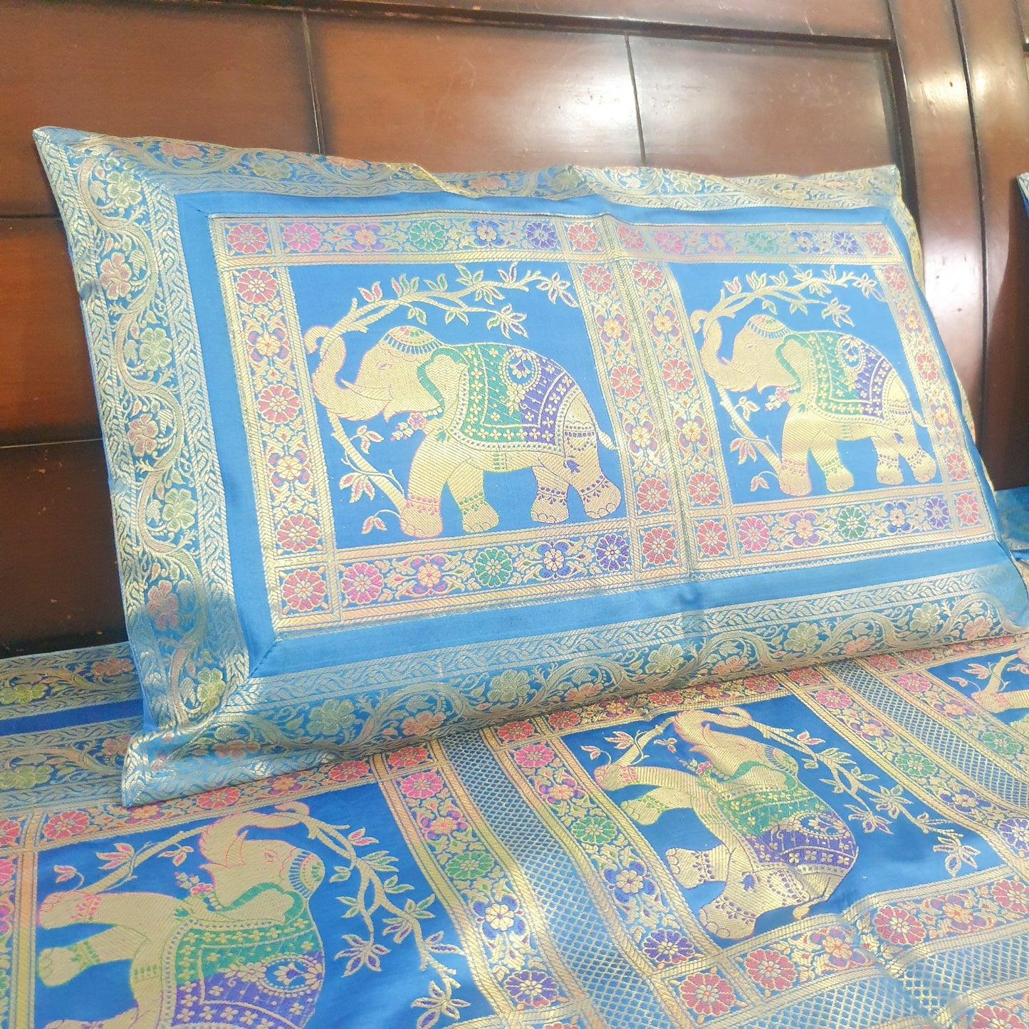 Banarasi Bed Cushion & Pillow Cover Set Elephant Turq. Blue Woven Brocade Gift