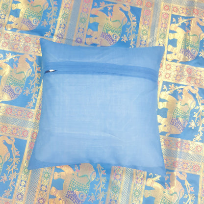 Banarasi Bed Cushion & Pillow Cover Set Elephant Turq. Blue Woven Brocade Gift