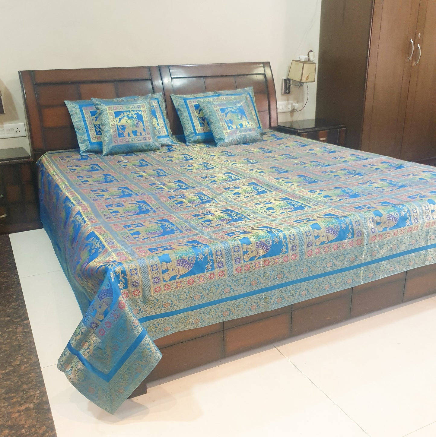 Banarasi Bed Cushion & Pillow Cover Set Elephant Turq. Blue Woven Brocade Gift