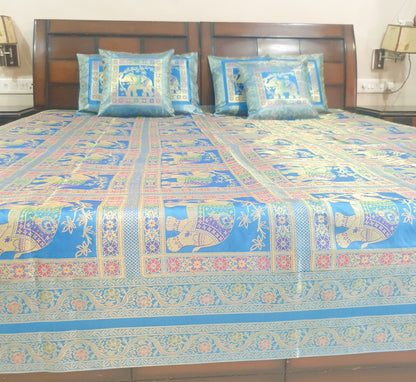 Banarasi Bed Cushion & Pillow Cover Set Elephant Turq. Blue Woven Brocade Gift