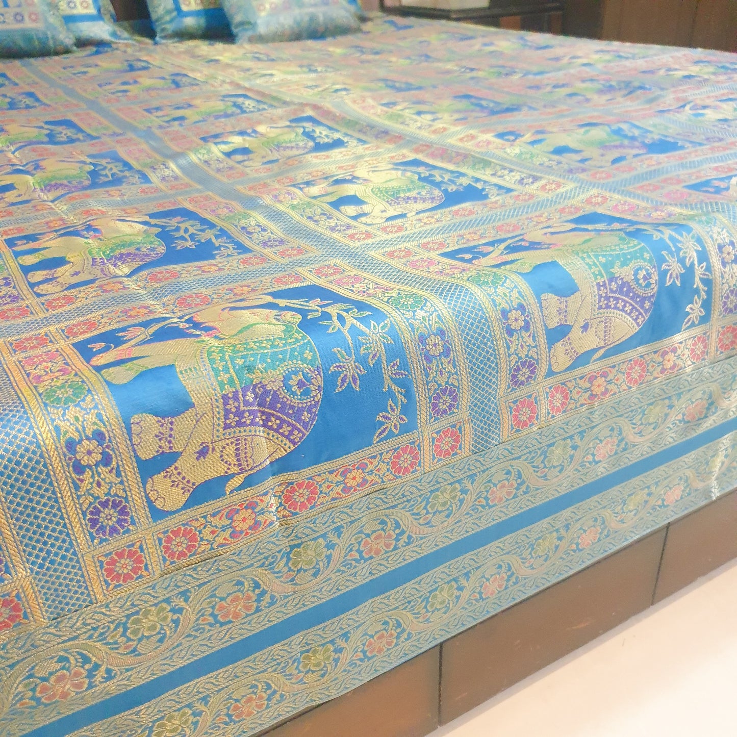 Banarasi Bed Cushion & Pillow Cover Set Elephant Turq. Blue Woven Brocade Gift