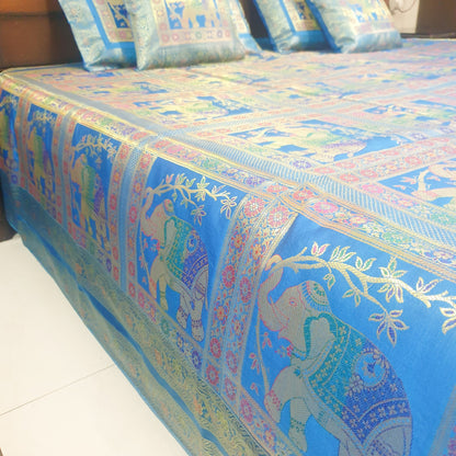 Banarasi Bed Cushion & Pillow Cover Set Elephant Turq. Blue Woven Brocade Gift
