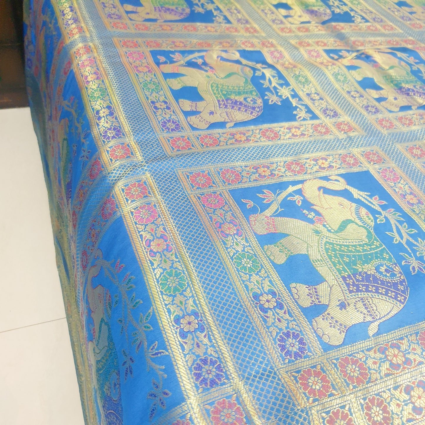 Banarasi Bed Cushion & Pillow Cover Set Elephant Turq. Blue Woven Brocade Gift