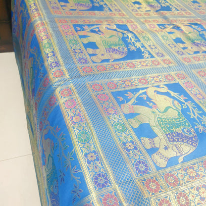 Banarasi Bed Cushion & Pillow Cover Set Elephant Turq. Blue Woven Brocade Gift