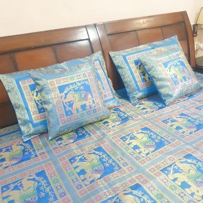 Banarasi Bed Cushion & Pillow Cover Set Elephant Turq. Blue Woven Brocade Gift