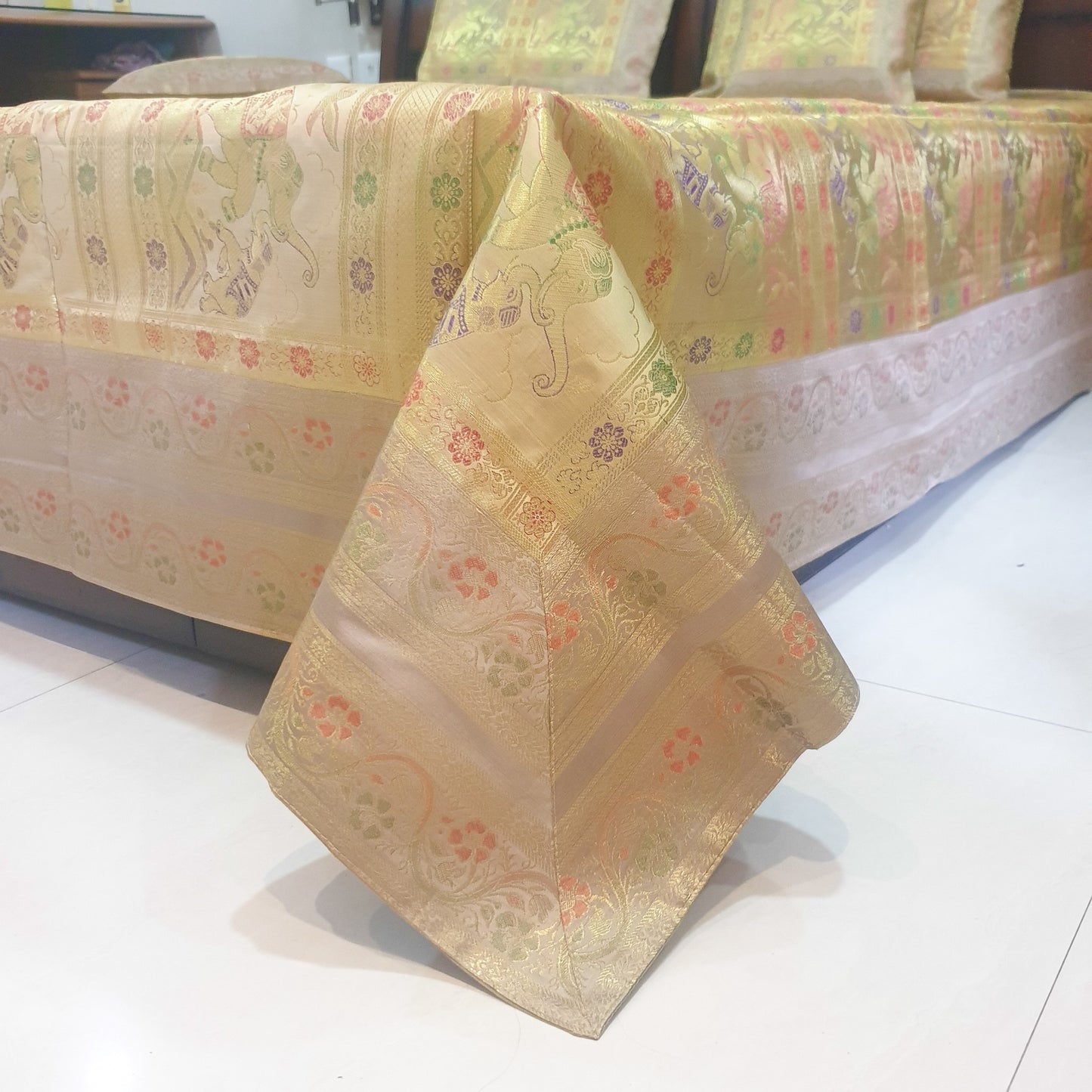 Beige Banarasi Bed Cushion & Pillow Cover Set Elephant Silk & Woven Brocade Gift