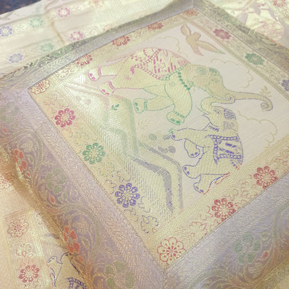 Beige Banarasi Bed Cushion & Pillow Cover Set Elephant Silk & Woven Brocade Gift