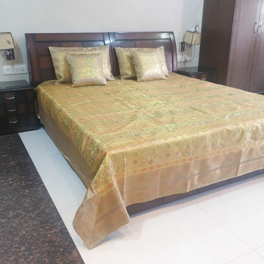 Beige Banarasi Bed Cushion & Pillow Cover Set Elephant Silk & Woven Brocade Gift