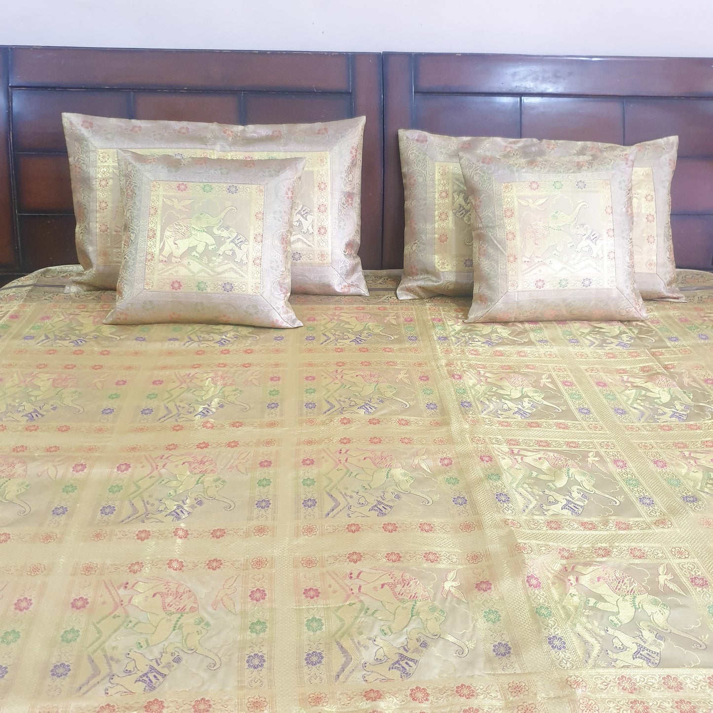 Beige Banarasi Bed Cushion & Pillow Cover Set Elephant Silk & Woven Brocade Gift