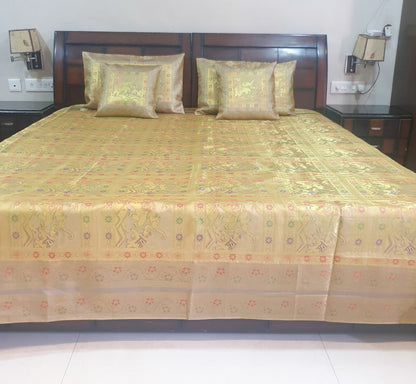 Beige Banarasi Bed Cushion & Pillow Cover Set Elephant Silk & Woven Brocade Gift