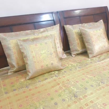 Beige Banarasi Bed Cushion & Pillow Cover Set Elephant Silk & Woven Brocade Gift