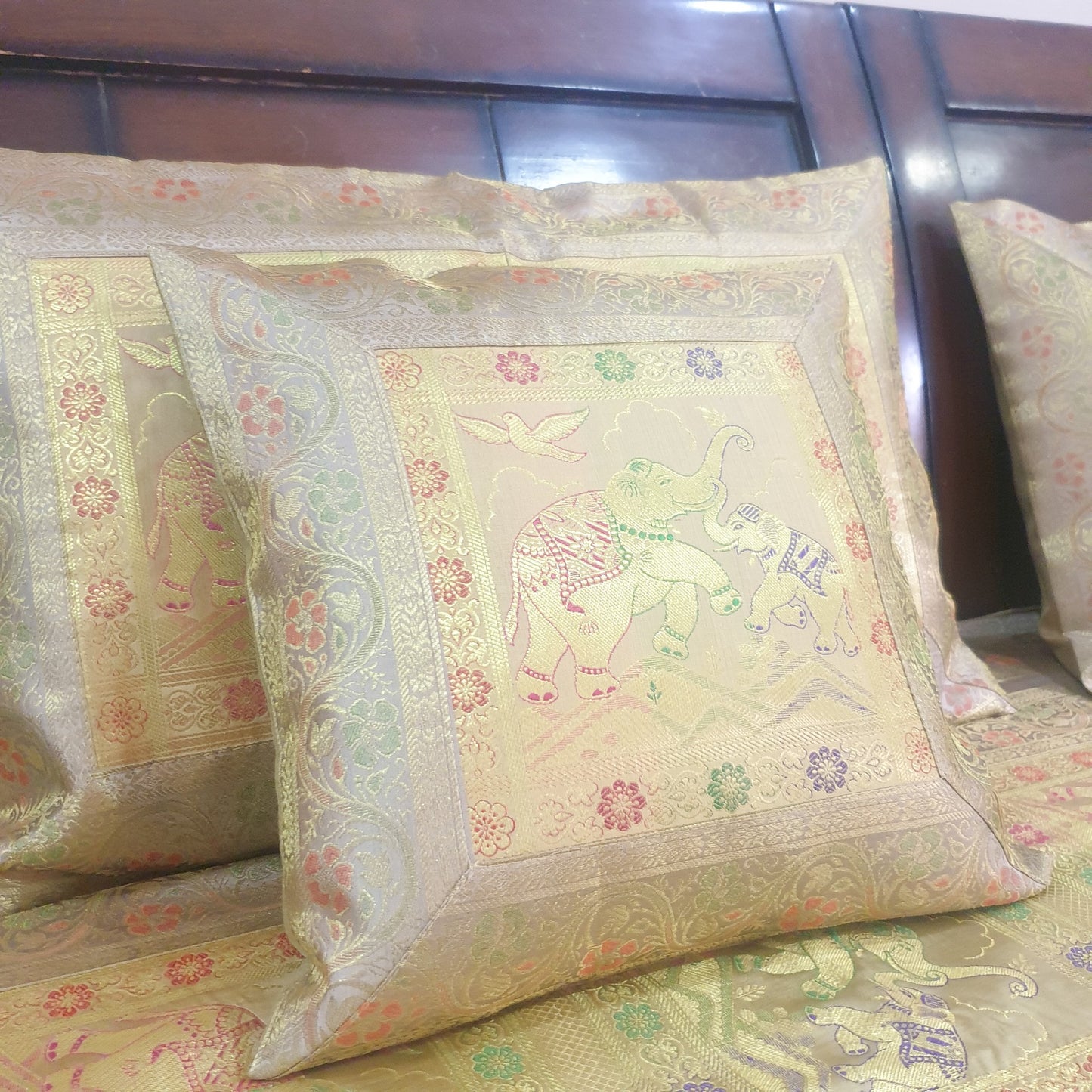 Beige Banarasi Bed Cushion & Pillow Cover Set Elephant Silk & Woven Brocade Gift